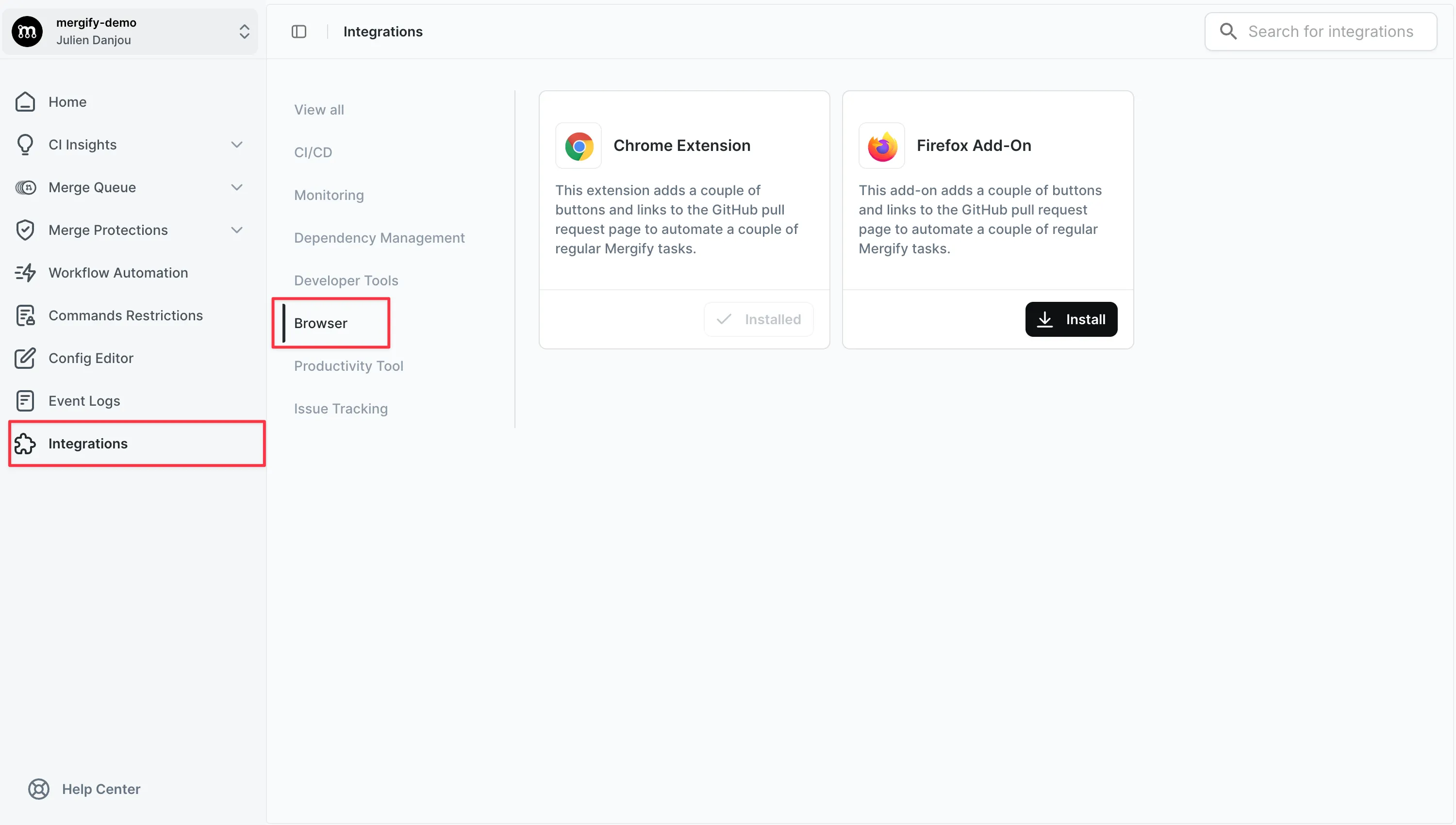 Browser Extensions settings view in the Mergify dashboard